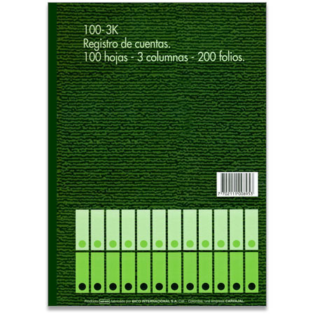 Papelería: Libro de contabilidad. Cuentas 100-3K, 3 columnas. 200